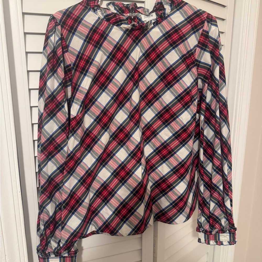 J. Crew Red and Black Plaid Ruffle Blouse